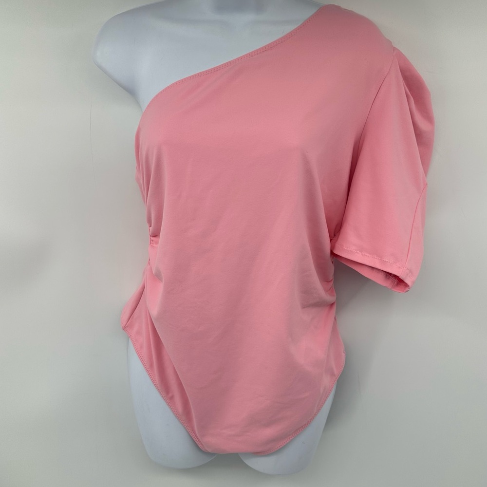 Free People Somethin Bout You Womens One Shoulder Ruched Bodysuit Pink Large NWT